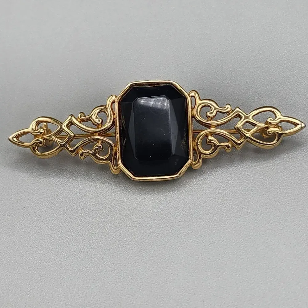 Vintage Park Lane Bar Brooch Signed 2” Gold Tone Black Faux Stone Pin Jewelry